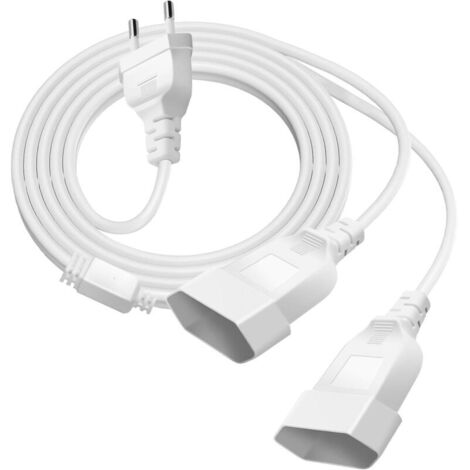 Rallonge à Double Prise Euro Type C, Câble d'extension 2M avec Prise Plate, Câble Plat Flexible Blanc, Prise 250V/2,5A, Distributeur d'alimentation Compact pour Maison, Bureau