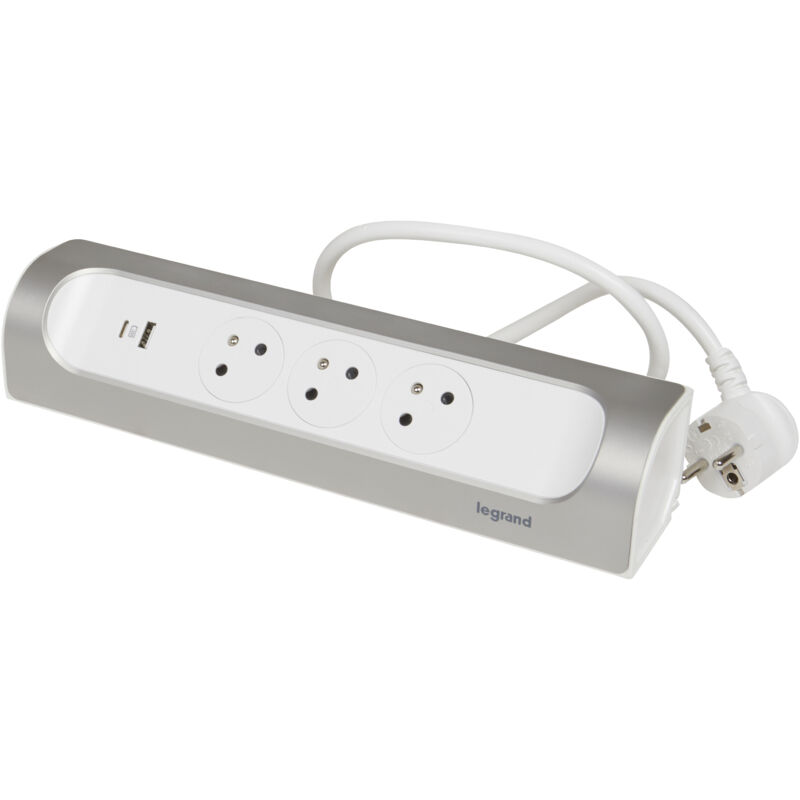 Rallonge d'angle 3x2P+T Surface et usb a+c avec cordon 1m - Blanc/Alu - Legrand