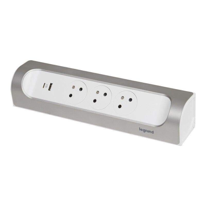 Rallonge d'angle 3x2P+T Surface et usb a+c à câbler - Blanc/Alu - Legrand