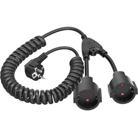 Rallonge de 3 m avec 2 prises Schuko, câble spiralé de 0,6 m à 3 m max., rallonge spiralée avec double prise Schuko (230 V/16 A), 2 prises noires