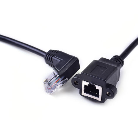 Rallonge de câble réseau coudée orientée vers le haut, connecteur RJ45 mâle-femelle avec trous de vis, connecteur réseau haut débit RJ45 mâle-femelle