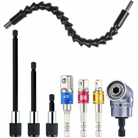 Rallonge de foret flexible 29cm – Adaptateur à angle droit 1/4' – Kit de 3 embouts de tournevis à percussion – 3 porte-embouts