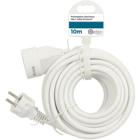 Rallonge électrique 10 m – Intensité 16A – Câble 3G1,5mm² – Alimentation 3680W max 230V~ 50Hz – Pour milieux secs – Gefom