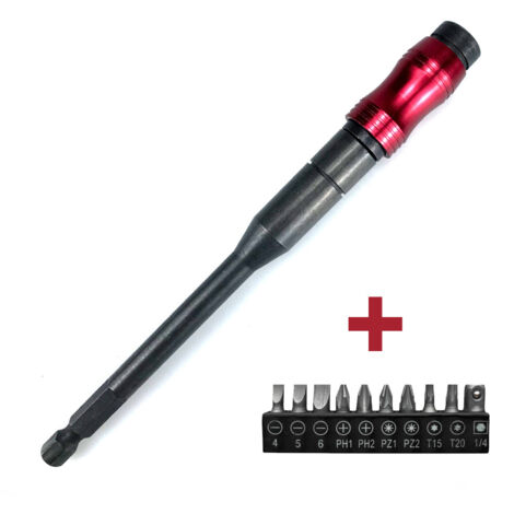 Rallonge multi-angles pour tournevis, version étendue, tournevis électrique magnétique puissant, poignée hexagonale, rallonge à verrouillage rapide, rouge et noir (longue) + embout P, rouge et noir (l