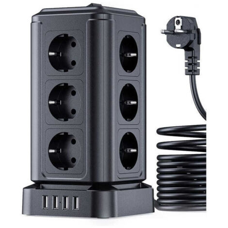 Rallonge multiprise avec surtension (4000W/16A), Tour Multiprise Electrique avec 4 Ports USB et 12 Prises, multiprise avec Interrupteur Individuel, 5M Cordon