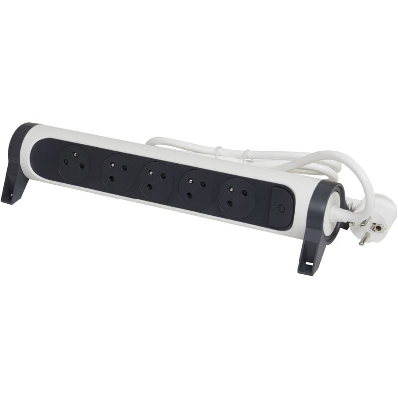 Rallonge multiprise avec bloc rotatif de 5 prises 2P+T Surface , interrupteur et cordon longueur 3m - Blanc/Gris foncé - Legrand