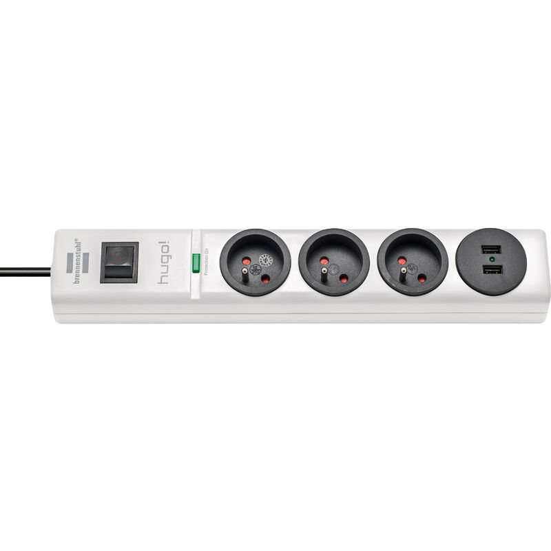 Multiprise de courant avec parasurtenseur et ports usb hugo 2m de câble H05VV-F 3G1,5 3 prises - Blanc