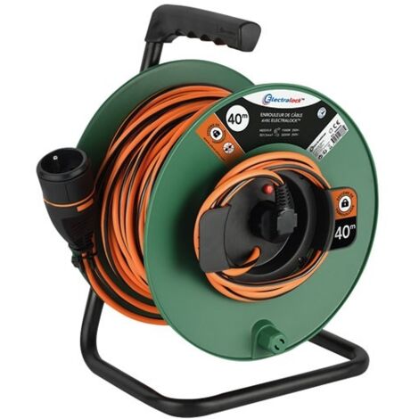 Rallonge Prolongateur Jardín avec Enrouleur 40M 3G1.5mm, Femelle Français Electralock équipée d'un système de verrouillage qui empêche la déconnexione fiche-Prise, Noir/Orange