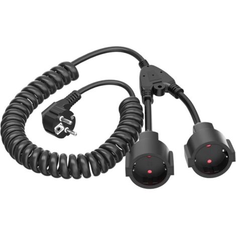 Rallonge Spiralée, 1 à 2 Prises de Terre Câble Spiralé Extensible de 0,9M à 3M Max, IP20 Rallonge avec 2 Prises, Double Prise Schuko 3 x 1,0 mm² (230V/16 A), Noir