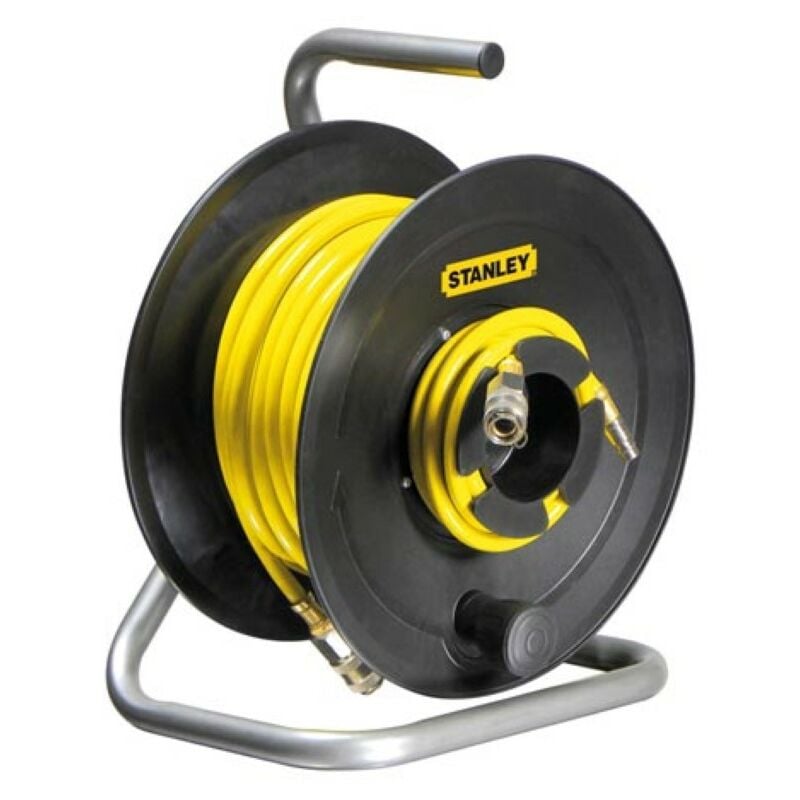 Stanley - Dévidoir de tuyau d'air, tuyau pvc jaune de 20 m avec raccords rapides, pression maximale de 18 bars, enrouleur abs, idéal pour une