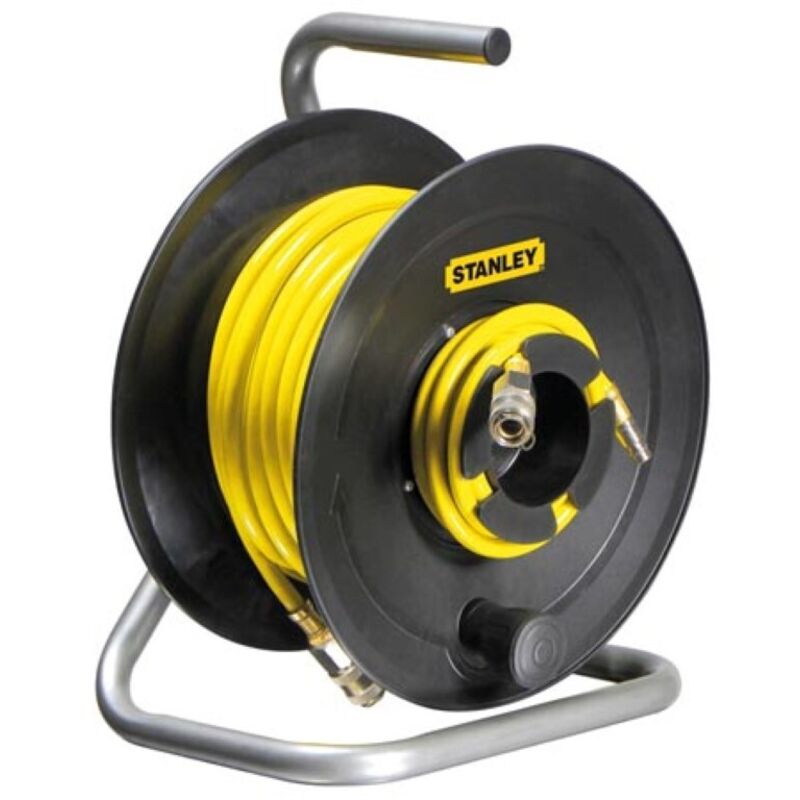 Dévidoir de tuyau d'air tuyau pvc jaune de 20 avec raccords rapides pression maximale de 18 bars enrouleur abs idéal pour une utilisation industrielle et professionnelle Stanley