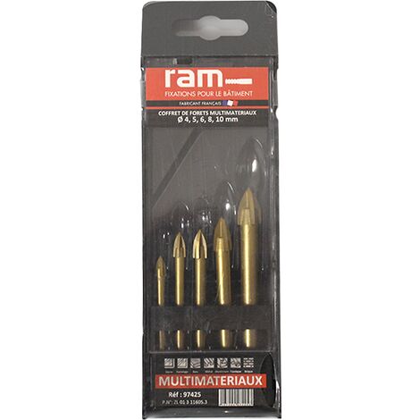 RAM – Coffret de forets pour perceuse carrelage et verre 4, 5, 6, 8, 10 mm – Multi-matériaux : brique, béton, verre – Fabrication française