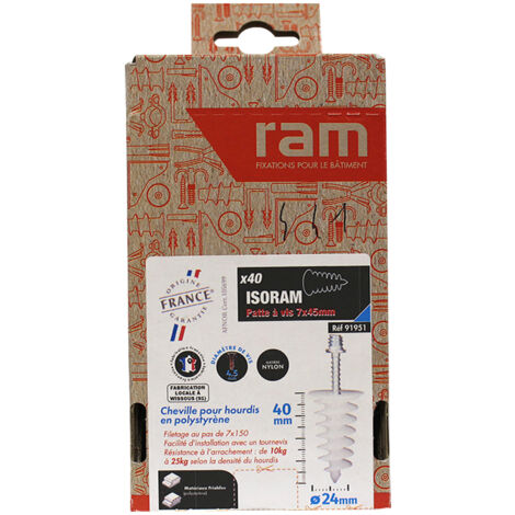 RAM – Lot de 40 chevilles Ø24 x 40 mm pour hourdis en polystyrène – 40 pattes à vis 7 x 45 – Résistance à l'arrachement 15-25 kg