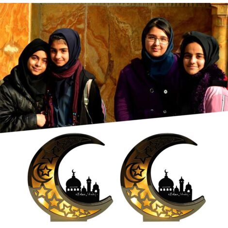 Ramadan Decoration Wood Eid Mubarak LED Lights Golden Moon Hollow Lamp