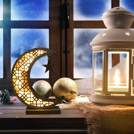 Ramadan-Stehlampe aus Holz mit LED-Beleuchtung, hohlem Mond und Sternen – 21 x 116 cm, sanftes gelbes Licht, 121 g, AA-Batterien