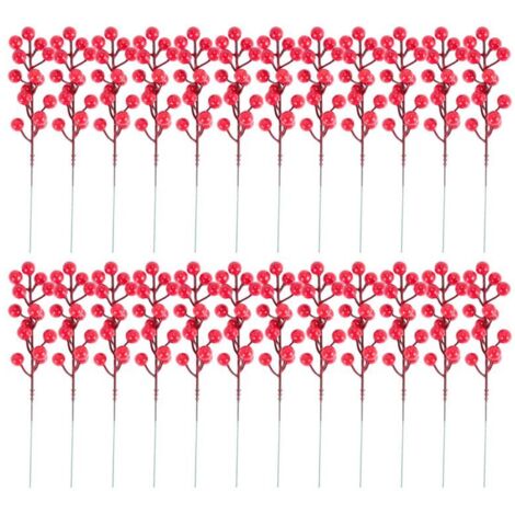 Ramas de acebo artificiales con bayas rojas, paquete de 24 unidades, 20 cm, para árbol de Navidad, corona navideña DIY, fiesta.