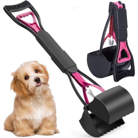 Ramasse-crottes, 60 cm, avec long manche solide et pince dentelée, pliable, pour ramasser les déjections des chiens et chats (rose).