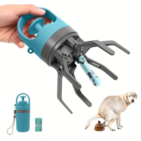 Ramasse-crottes portable bleue pour chiens, dotée de six griffes pour faciliter les promenades et éviter les salissures.