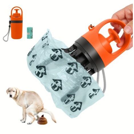 Ramasse-crottes portable orange pour chiens, avec six griffes pour faciliter les promenades et éviter les salissures.