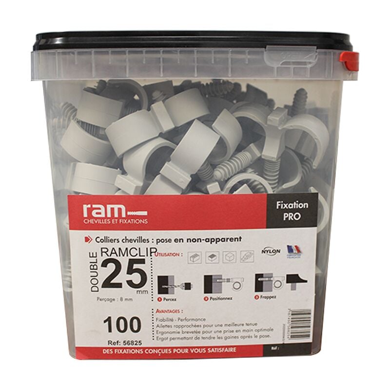 RAM - 100 colliers chevilles clip double gris pour tube nu Ø25