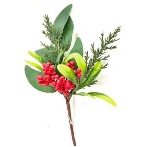 Rametto natalizio con bacche rosse e foglie decorative h 21 cm -Con pigna