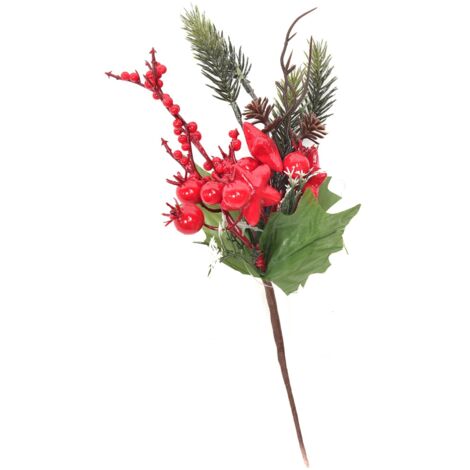 Rametto natalizio con bacche rosse e foglie decorative h 26,5 cm -Classic