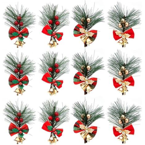 Rami di pino natalizi con bacche, 12 pezzi, bastoncini di pino natalizi artificiali con bacche rosse/oro e fiocchi, rami di Natale con bacche rosse per composizioni natalizie e decorazioni per ghirlan