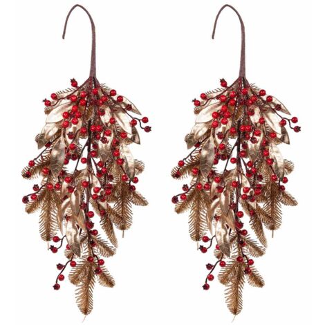 Rami natalizi decorativi con bacche rosse e foglie dorate 2 pezzi da appendere