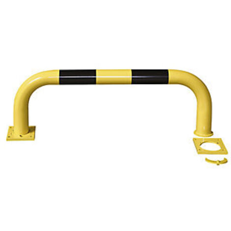 Rammschutz-Bügel, wegnehmbar, Rohr 76/3,0 mm, gebogen, BxH 1000x350 mm, Innenb., gelb beschichtet, schwarze Streifen, zum Aufdübeln mit Spezialplatte