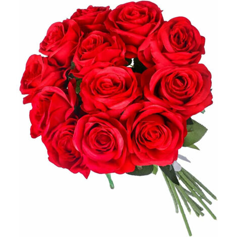 Ramo de 12 rosas rojas de seda, flores artificiales realistas, decoración de interiores, boda, hogar, eternas.