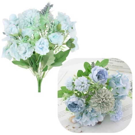 Ramo de flores artificiales de crisantemo rosa para jarrón, 32 cm, color azul