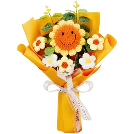 Ramo de flores de ganchillo, flores tejidas a mano, girasol sonriente tejido, ramo de flores tejido, flores artificiales para el Día de la Madre, un cumpleaños, el Día de San Valentín, una boda, una g