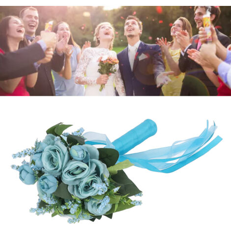 Ramo de novia artificial de rosas y azul claro con hojas verdes naturales: moderno y elegante para el hogar y la iglesia.