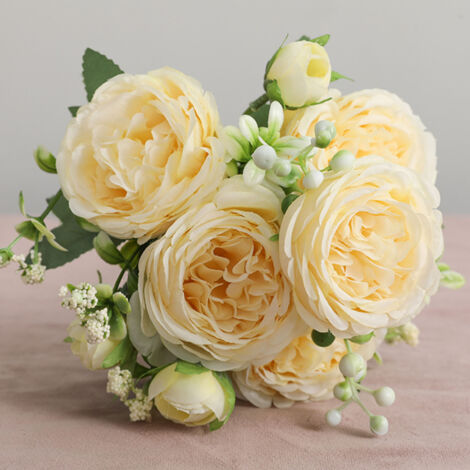 Ramo de rosas persas artificiales – 3 ramos con 5 rosas de seda amarillas cada uno para bodas y decoración – Largo 30 cm, fáciles de manejar y de aspecto realista.