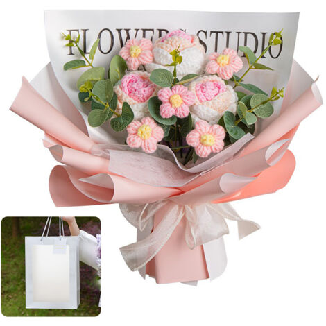 [Ramo de Rosas] Ramo creativo hecho de rosas de alambre trenzadas a mano (3 rosas rosadas en degradado de color + 5 margaritas + bolsa de regalo)