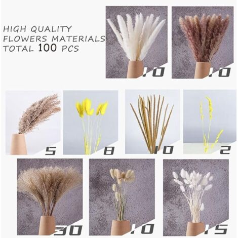 Ramo decorativo artificial de hierba de la Pampa hecho de flores secas para jarrón tipo 1 - 110 cm - Natural y blanco - [Paquete de 100]