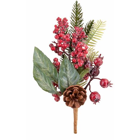 Ramo decorativo color verde e bacche rosse innevate per decorazioni e composizioni di fiori -26 cm