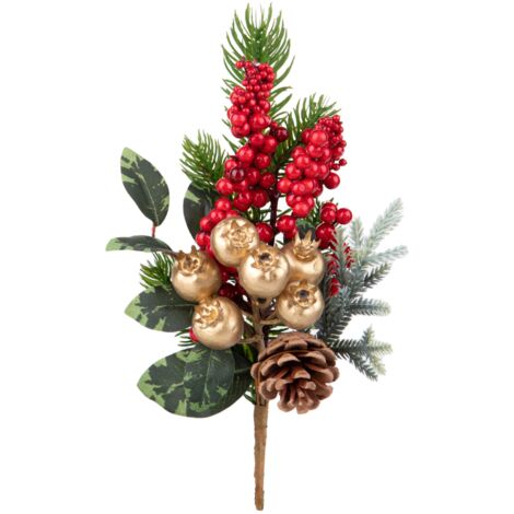 Ramo decorativo con pigne color rosso e oro per decorazioni natalizie -H- 26 cm