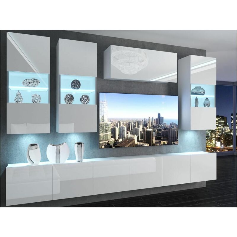 RAMONE - Ensemble meubles TV - Unité murale largeur 300 cm - Mur TV à suspendre finition gloss - Sans LED - Blanc