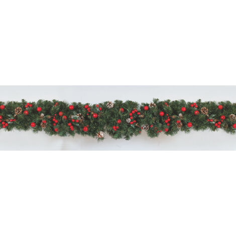 Ramone Verde Pvc Cm.28Xmt.2.70 Pigne/Ghiande Rosse/Rametti Innevati decorazione di Natale