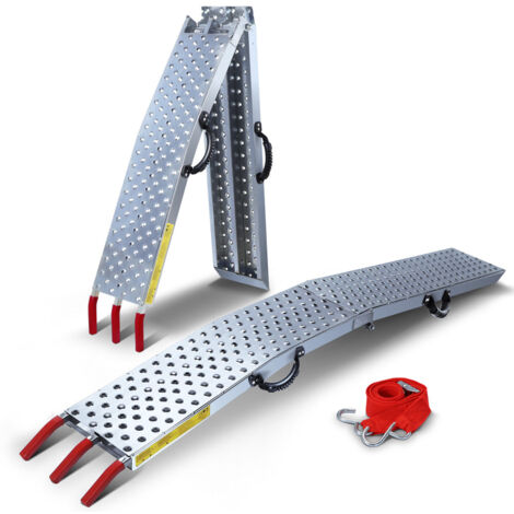 Rampe de chargement pliable 196cm en acier galvanisé - 400kg Max - Antidérapante - Sangles de sécurité à crochet,  poignée