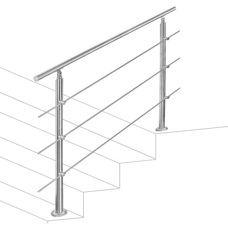Rampe d'escalier en acier inoxydable pour escaliers Garde-corps Mains Courantes intérieur et extérieur 150 cm 3 crossbars