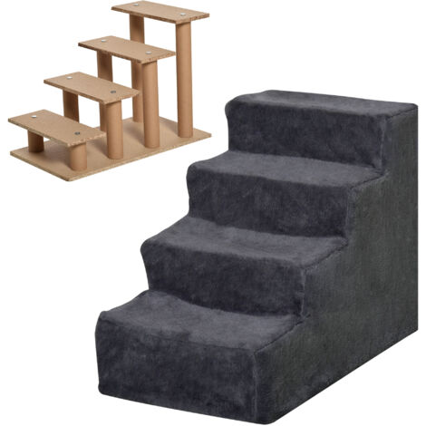 Rampe Escamotable pour Chien 4 Marches, Tissu Velours Amovible et Bois, 60x35x44 cm, Gris Anthracite
