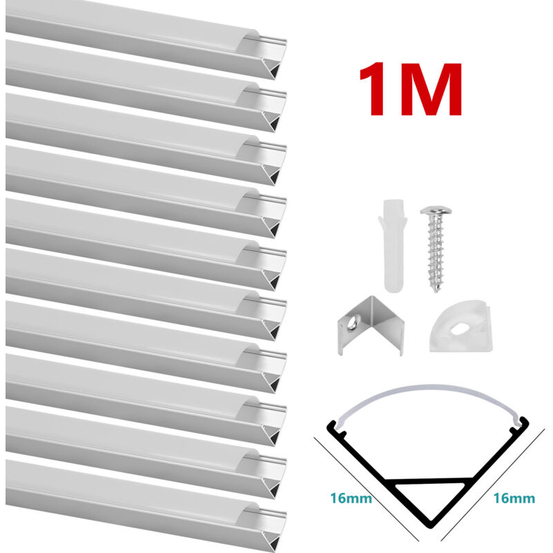 Randaco 10x1M Profilé Aluminium LED Angle Anodisé Diffuseur laiteux pour Ruban Bande LED Couvercle Blanc Opaque Forme en V