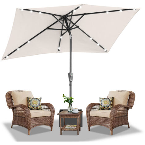 Randaco 140x210m Sonnenschirm UV50+ Neigbar Sonnenschutz Gartenschirm Strandschirm LED Solar, knickbar, Schirmtuch mit PA-Beschichtung, Beige