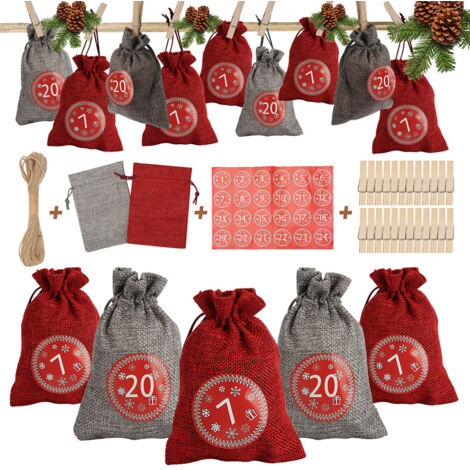 Randaco 24 Adventskalender zum Befüllen, Stoffbeutel Geschenksäckchen Weihnachten für Weihnachtskalender, Adventskalender Säckchen mit 1-24 Adventszahlen Geschenkanhänger Kraftpapier,Rot/Grau