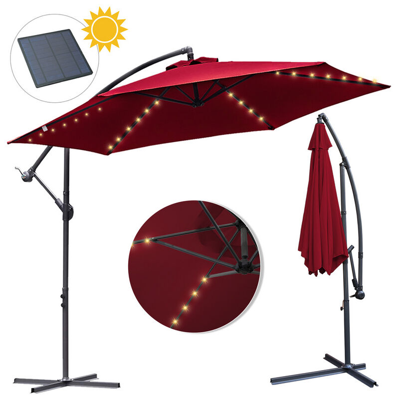 Einfeben 3m Parasol de avec éclairage solaire inclinable led Parasol de balcon Parasol de marché UV40+ Parasol de jardin,Rouge