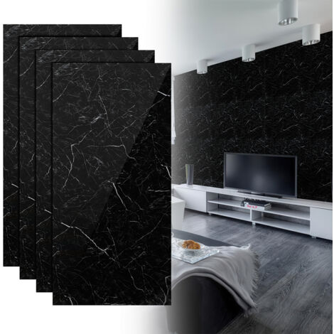 Randaco 4x Carta da parati adesiva effetto piastrelle con texture marmo, adatta per cucine, bagni, caminetti e lavanderie, nera, 120×60 cm
