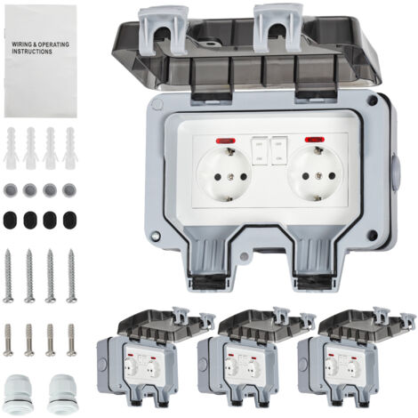 Randaco 4X Double Prise Étanche Extérieure IP66 avec Interrupteur, Prise Extérieure Murale Double pour Cuisine, Salle de Bain, Garage, Piscine et Gard