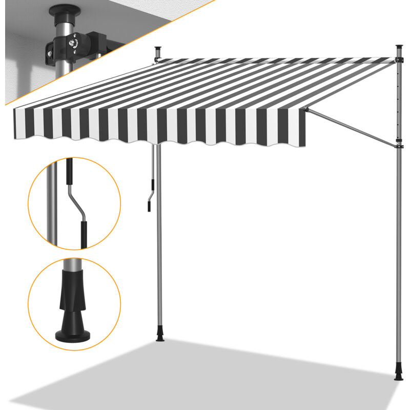 Auvent retractable Auvent terrasse Marquise sans perçage Manivelle Hauteur réglable 3.5M, Gris blanc
